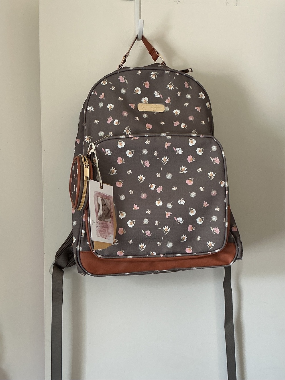 Floral Print Gray Women’s Backpack with Tan Trim